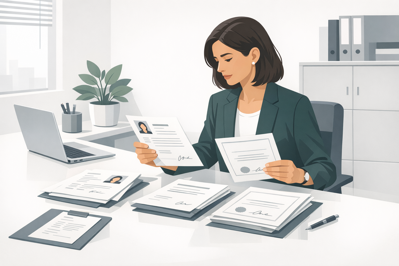 Frau am Schreibtisch sortiert Bewerbungsunterlagen und Zeugnisse, konzentrierte Arbeitsatmosphaere