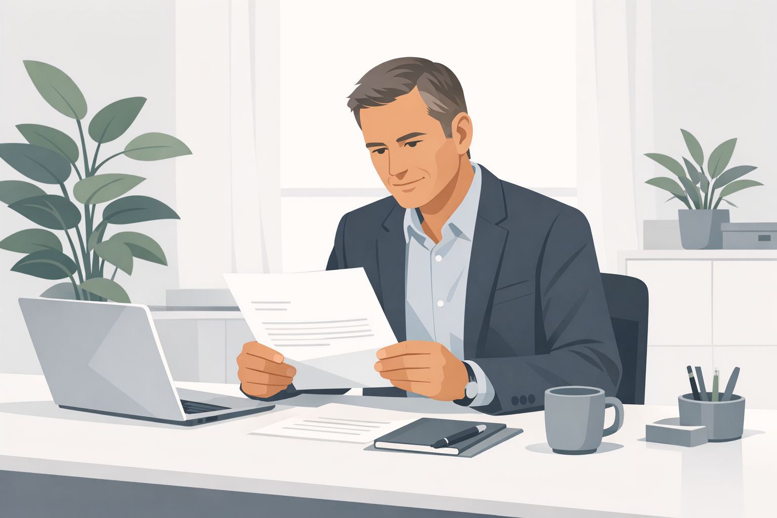 Personaler liest ein Anschreiben aufmerksam am Schreibtisch, freundliches helles Buero mit Pflanzen im Hintergrund