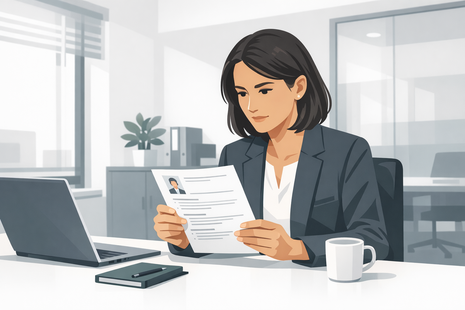 Recruiter schaut konzentriert auf einen ausgedruckten Lebenslauf, moderne Bueroumgebung