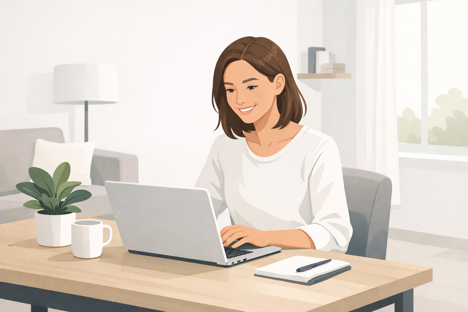 Junge Frau arbeitet laechelnd am Laptop in ihrer Wohnung, entspannte Bewerbungssituation am Schreibtisch mit Pflanze