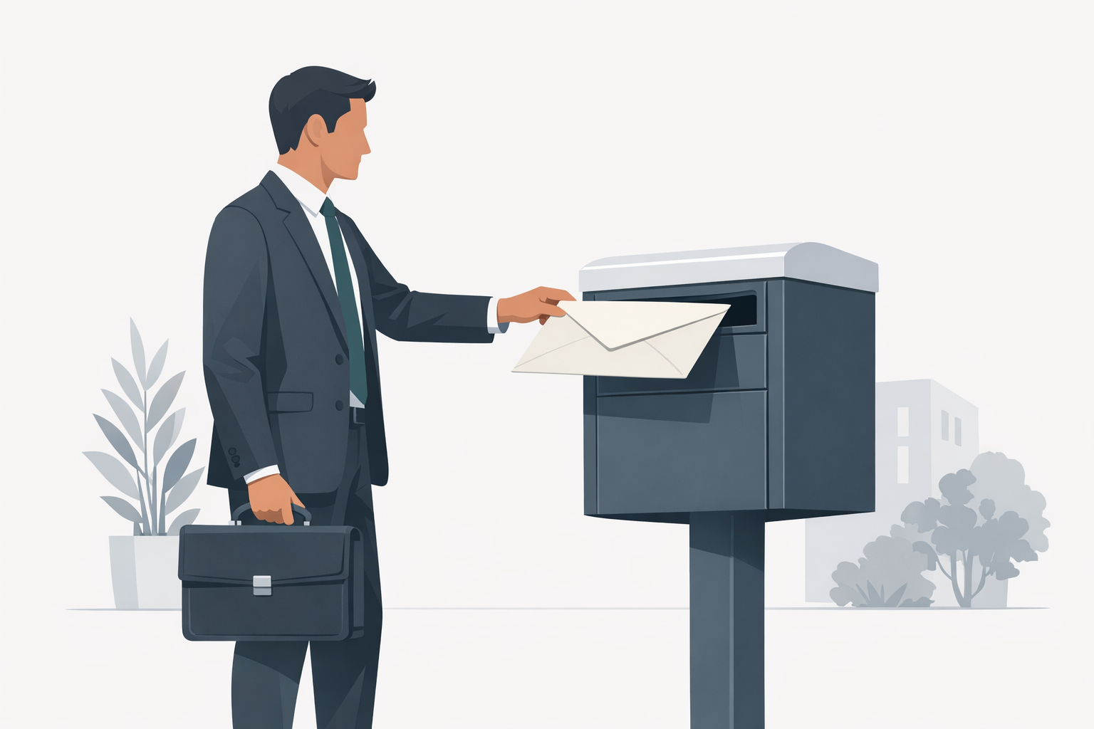 Person wirft einen grossen Briefumschlag in einen Briefkasten, formelle Kleidung sichtbar