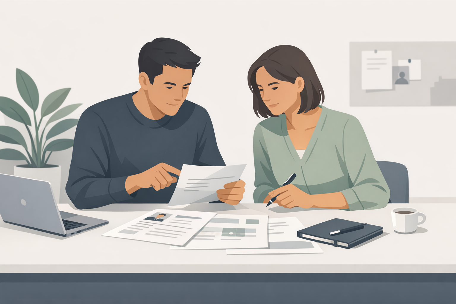 Zwei Personen pruefen gemeinsam Unterlagen an einem Tisch, Teamarbeit bei der Bewerbungsvorbereitung