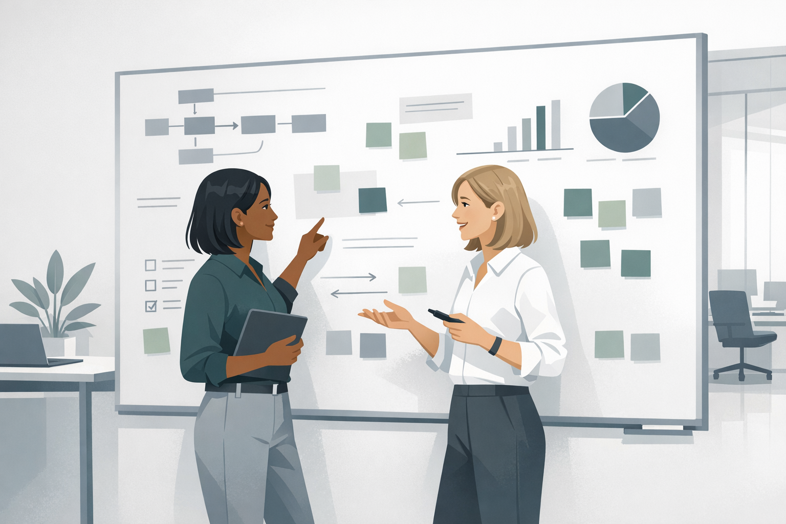 Zwei Kolleginnen besprechen gemeinsam ein Projekt am Whiteboard in einem modernen Buero