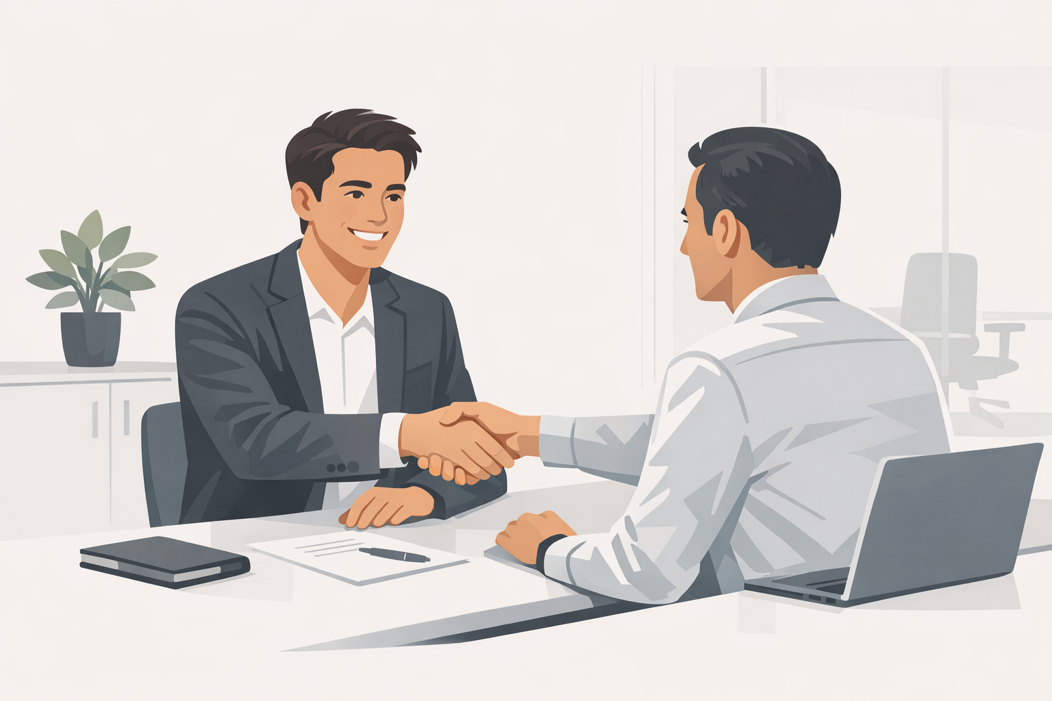 Lächelnder Bewerber schüttelt dem Personalverantwortlichen die Hand nach einem erfolgreichen Vorstellungsgespraech