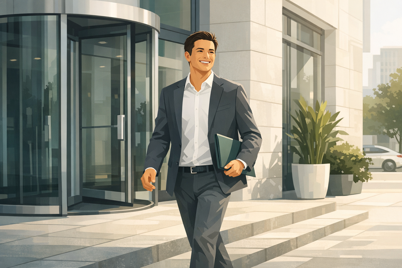 Bewerber verlaesst strahlend das Buerogebaeude nach dem erfolgreichen Vorstellungsgespraech, sonniger Unternehmenseingang