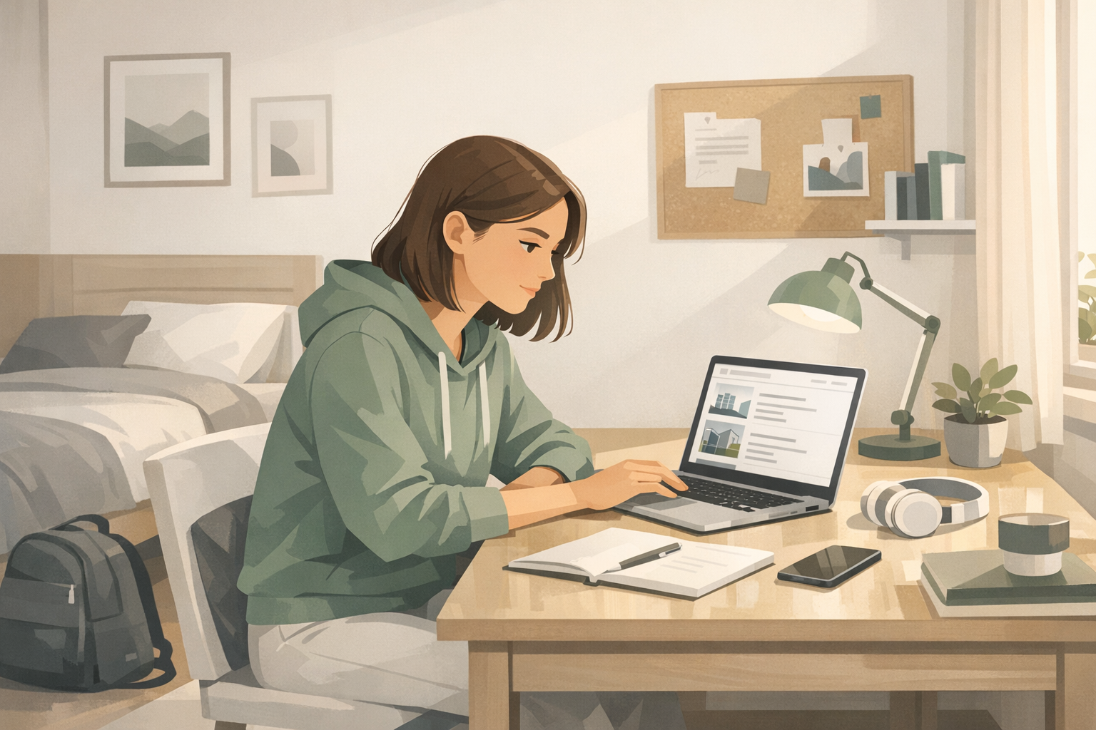 Schuelerin sitzt konzentriert am Schreibtisch in ihrem Zimmer und recherchiert Ausbildungsplaetze am Laptop, Jugendzimmer mit warmem Tageslicht