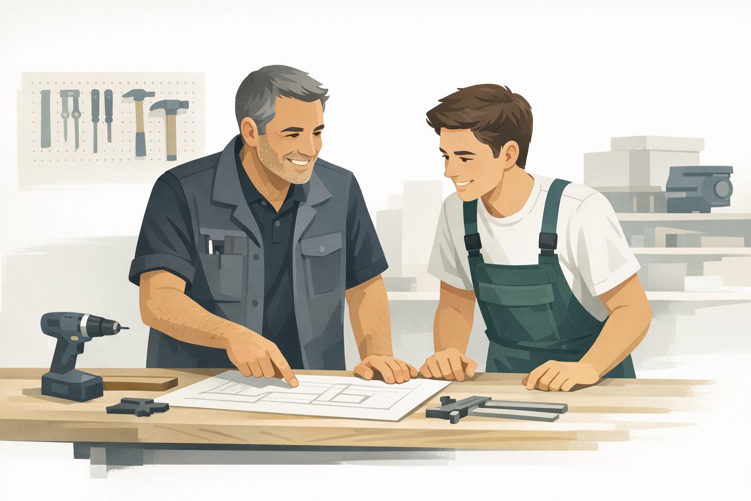 Ausbilder im Handwerksbetrieb erklaert einem jungen Auszubildenden laechelnd eine Aufgabe an der Werkbank