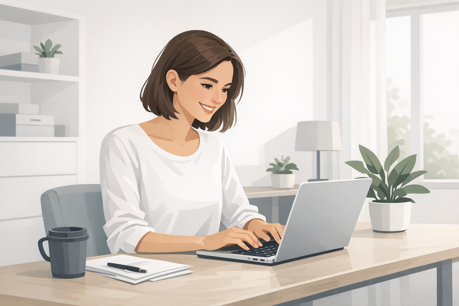 Junge Frau sitzt laechelnd vor dem Laptop und schreibt ihre Bewerbung, helles modernes Zimmer