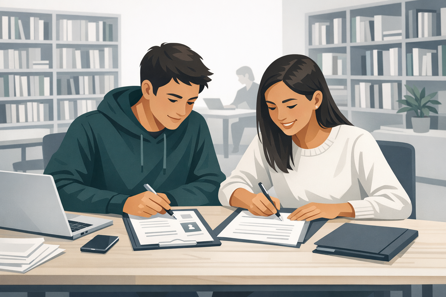 Zwei Schueler sitzen nebeneinander in der Bibliothek und arbeiten gemeinsam an ihren Bewerbungsunterlagen