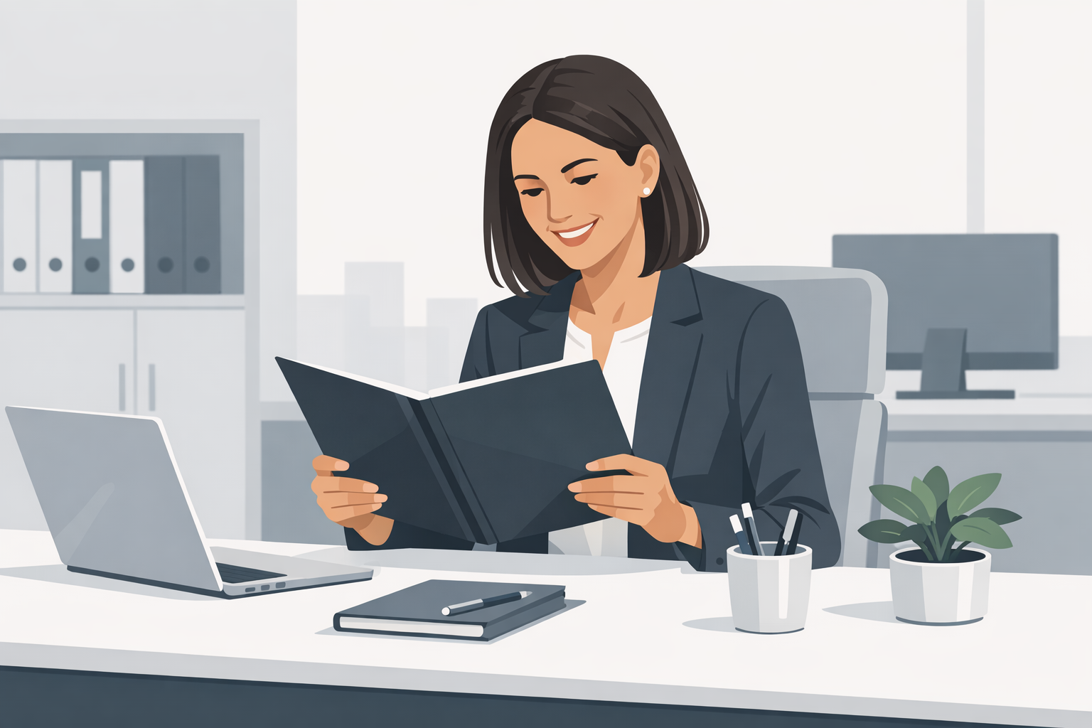 Personaler liest laechelnd eine Bewerbungsmappe an ihrem Schreibtisch im Buero