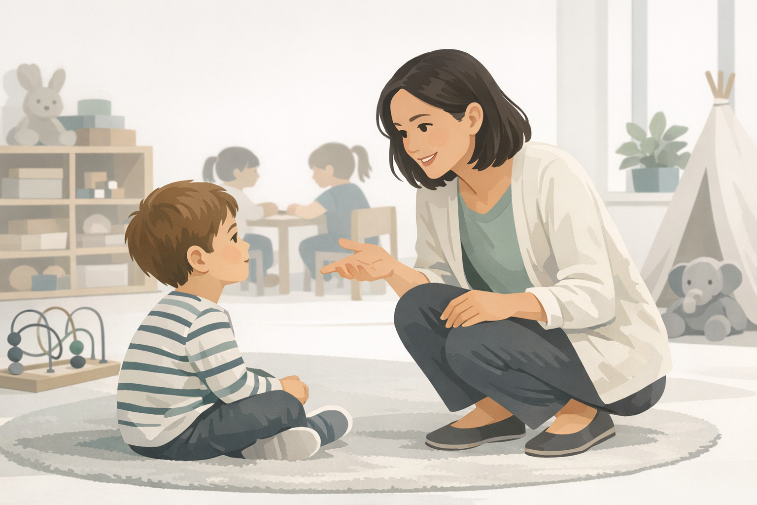 Erzieherin kniet auf Augenhoehe neben einem Kind und erklaert ihm etwas mit freundlichem Gesichtsausdruck in einer Kita