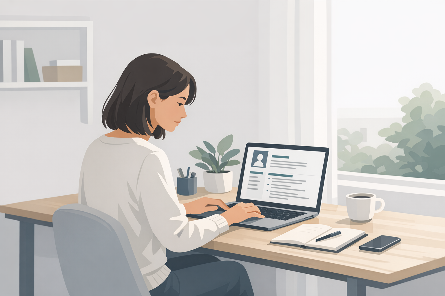 Junge Frau sitzt am Laptop und arbeitet konzentriert an ihrem Lebenslauf in einem hellen Homeoffice