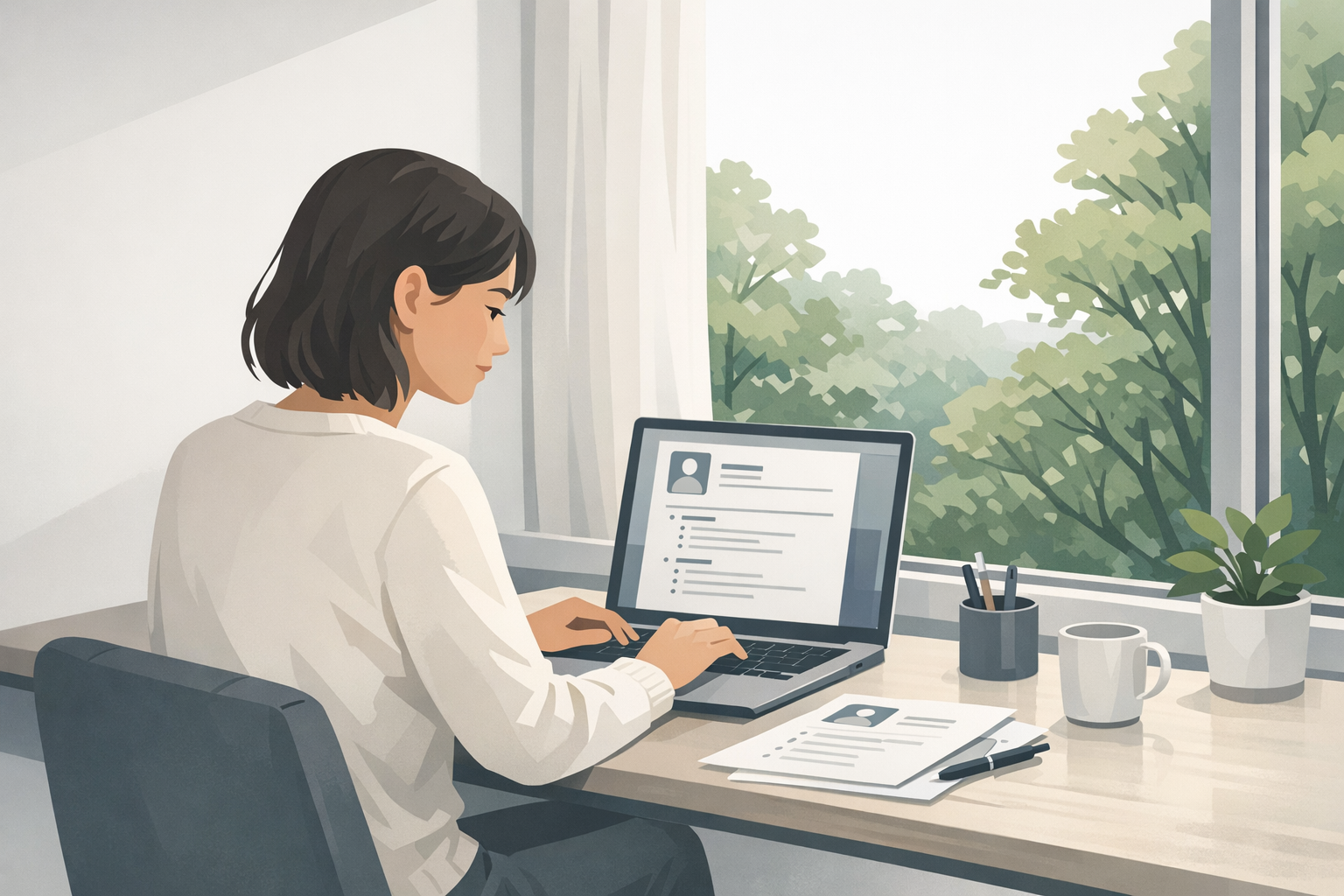 Junge Frau sitzt am Laptop und arbeitet konzentriert an ihrem Lebenslauf, Schreibtisch am Fenster mit Blick auf Baeume