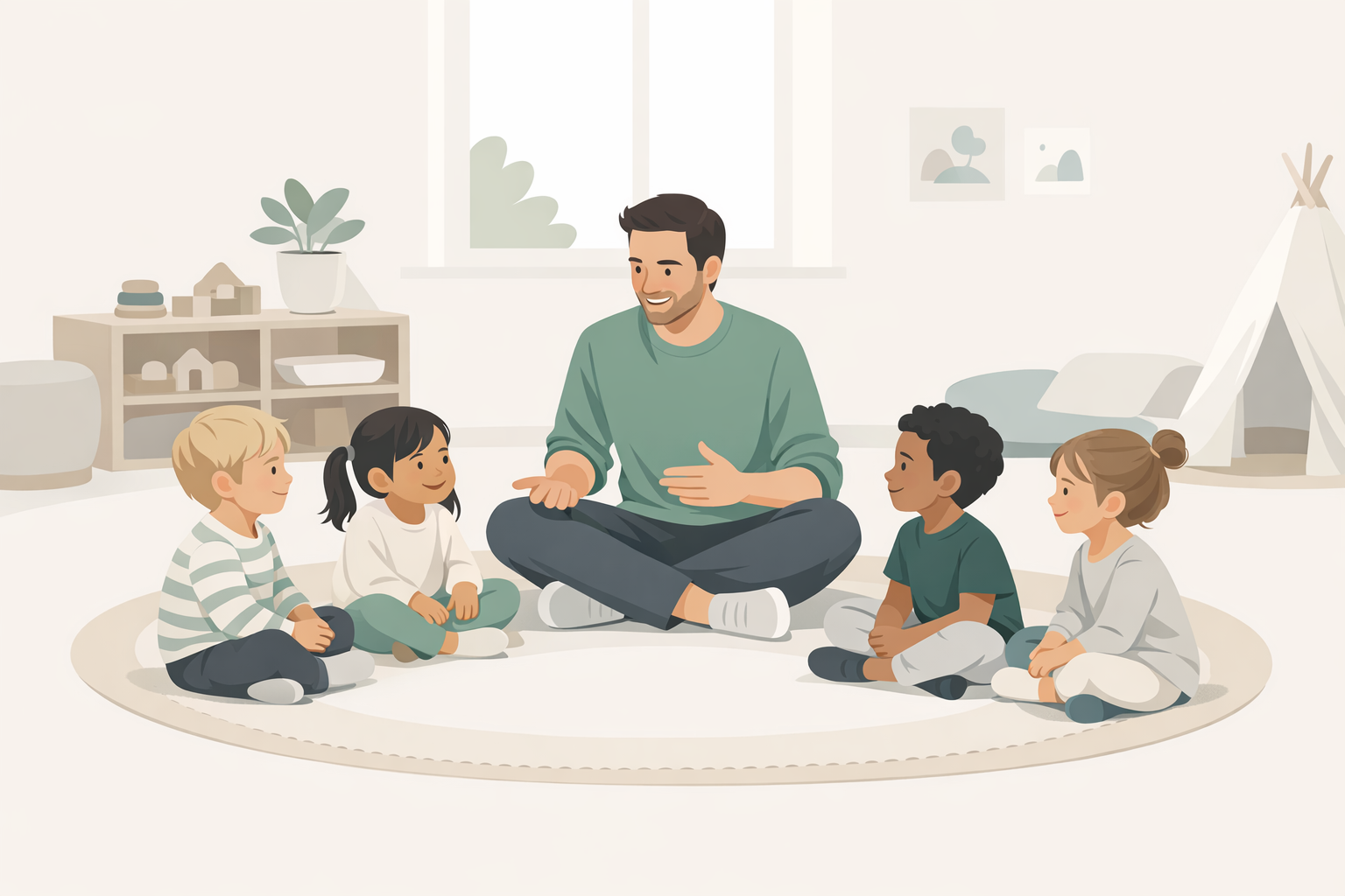 Erzieher sitzt mit einer kleinen Gruppe Kinder im Morgenkreis auf dem Boden einer freundlichen Kita