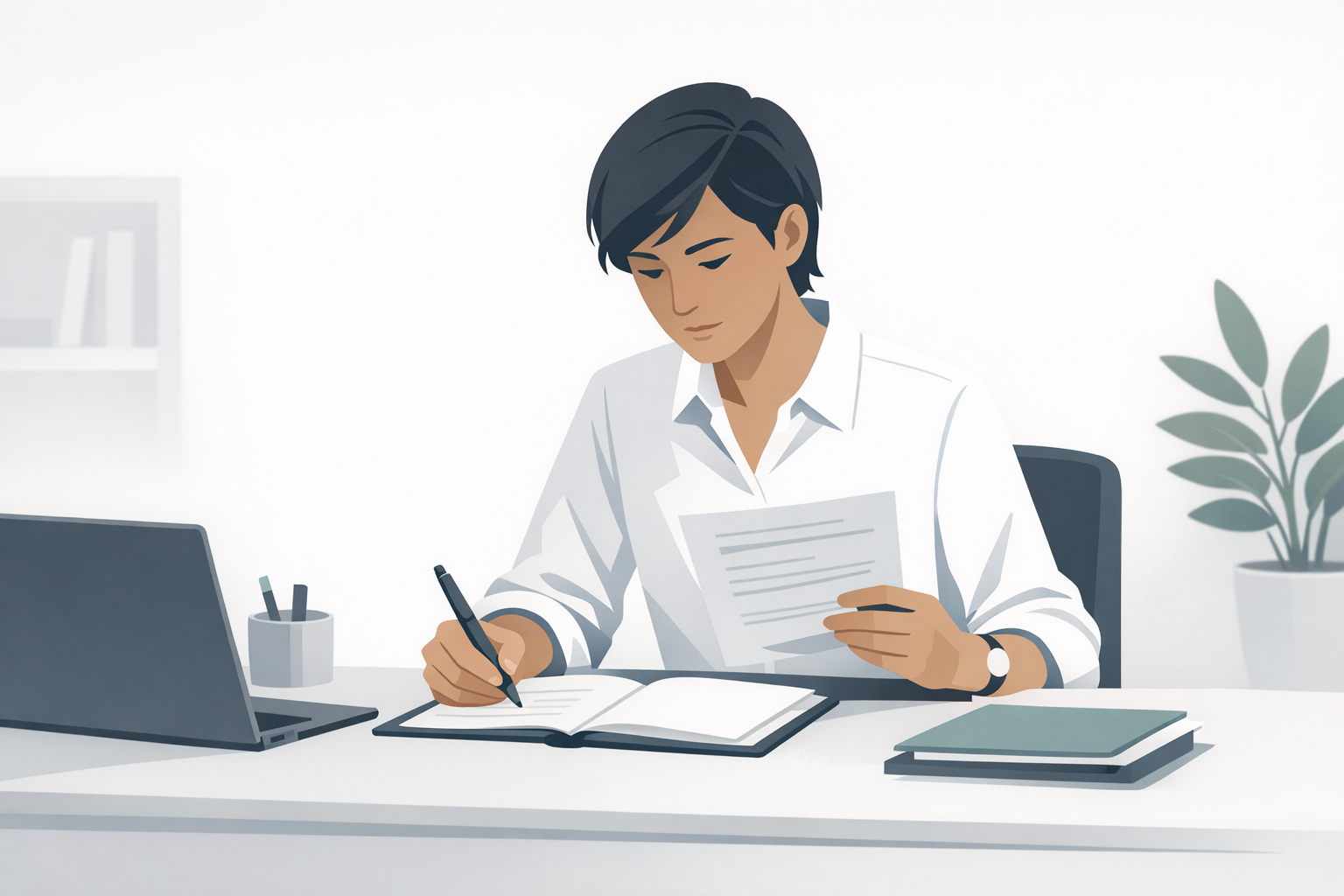 Person liest aufmerksam ein Dokument am Schreibtisch und macht sich Notizen mit einem Stift