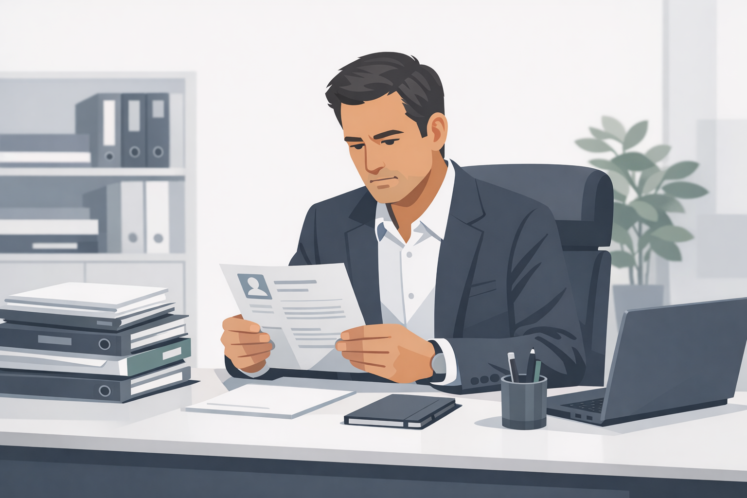 Personaler liest konzentriert eine Bewerbung am Schreibtisch, Bueroumgebung mit Aktenstapel