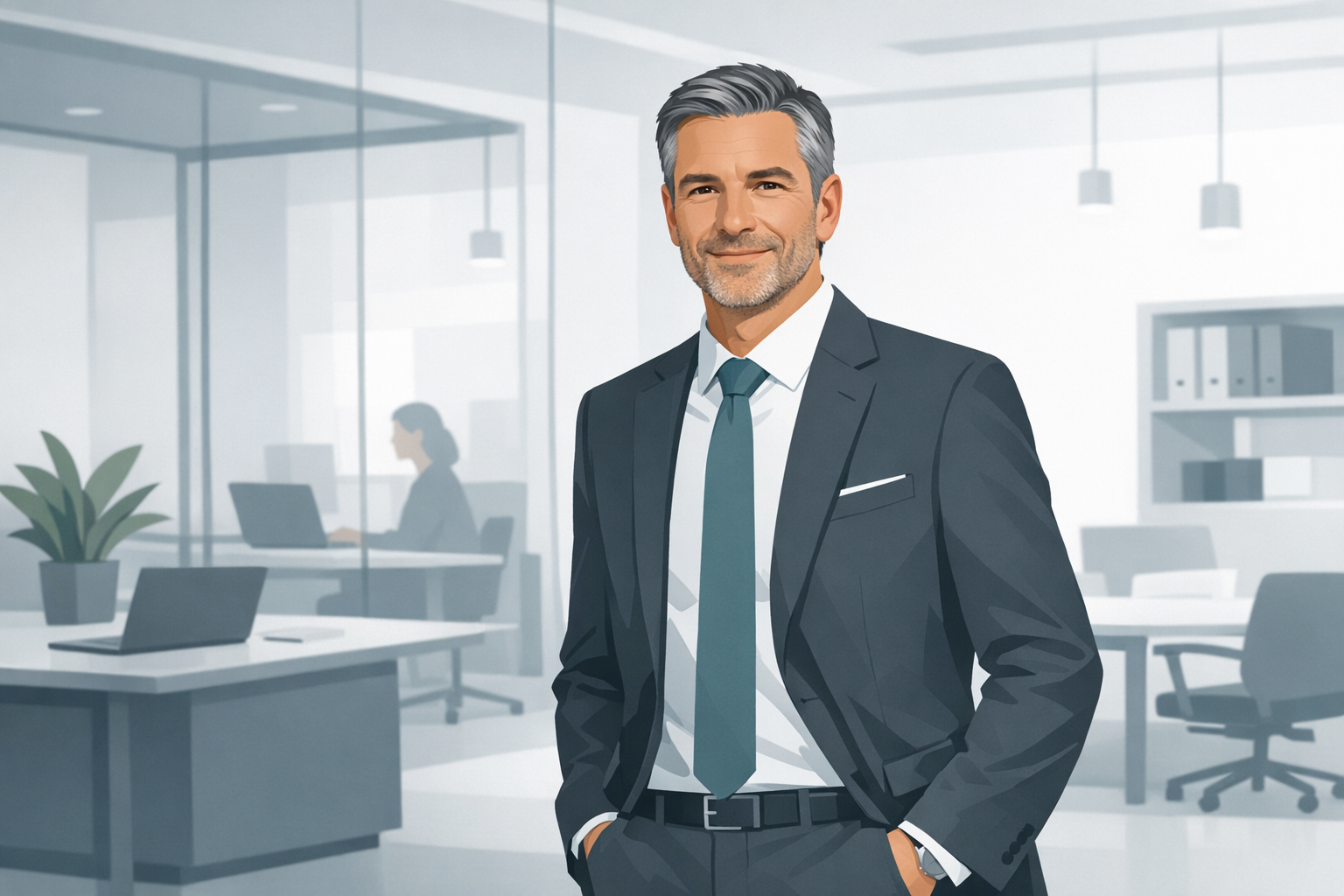 Berufserfahrener Mann mittleren Alters in Businesskleidung laechelt zuversichtlich in einem modernen Buero