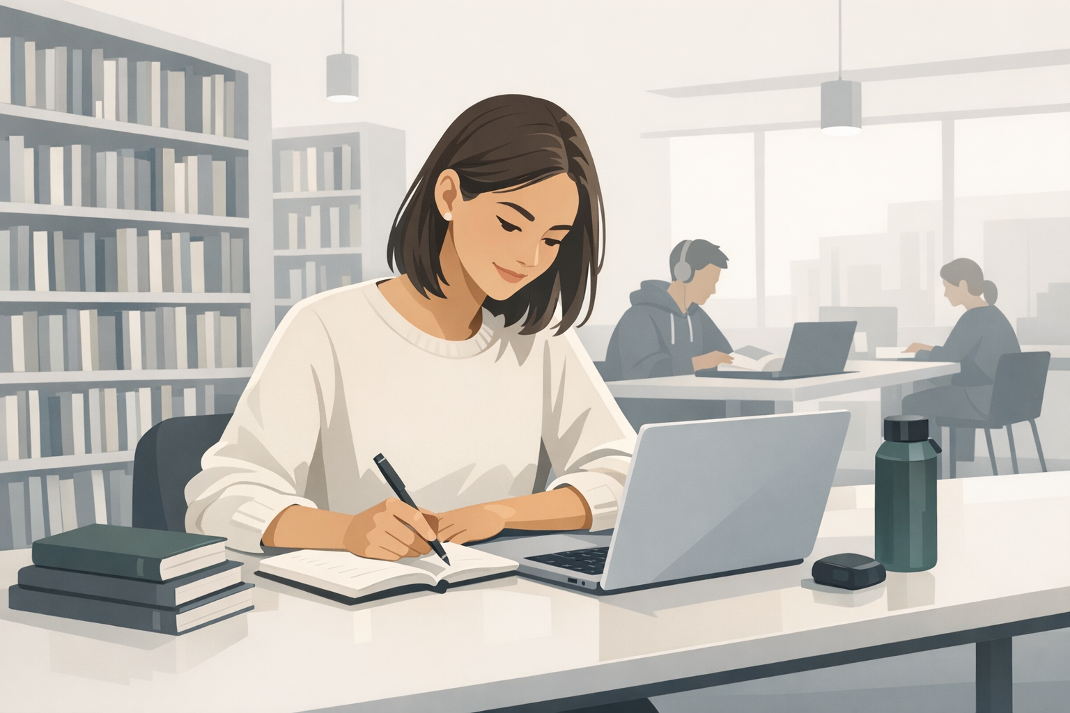 Junge Studentin mit Laptop in einer Bibliothek, konzentriert und motiviert beim Schreiben