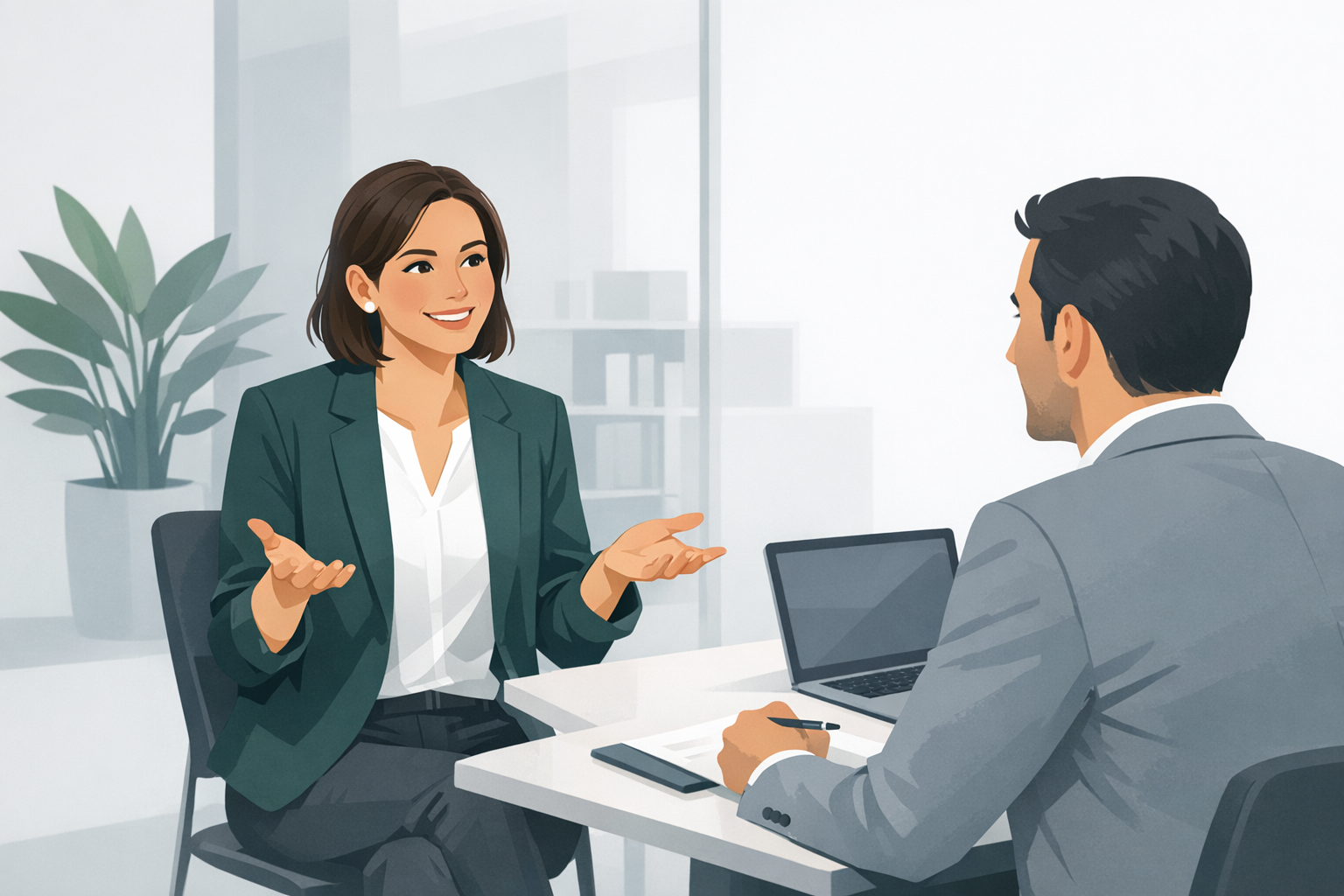 Frau Anfang 30 in zwanglosem Business-Outfit im Gespraech mit einem Recruiter, offene und zuversichtliche Koerpersprache