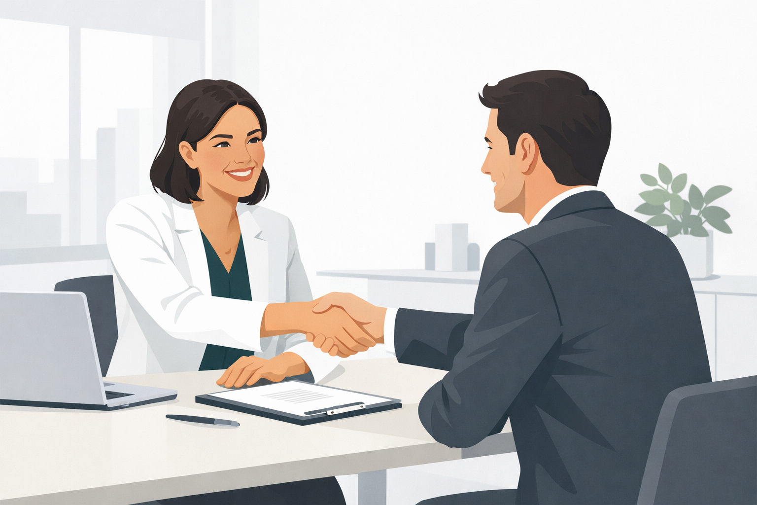 Recruiter schuettelt einem Bewerber laechelnd die Hand in einem hellen Besprechungsraum