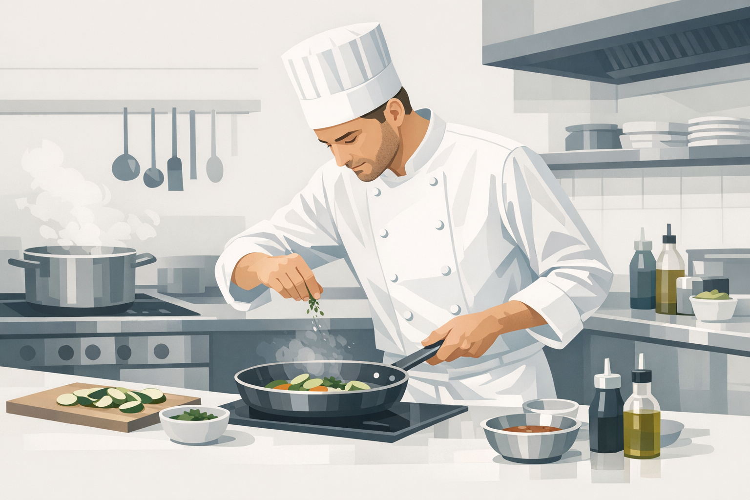 Koch in weisser Kochkleidung bereitet Speisen in einer professionellen Restaurantkueche zu