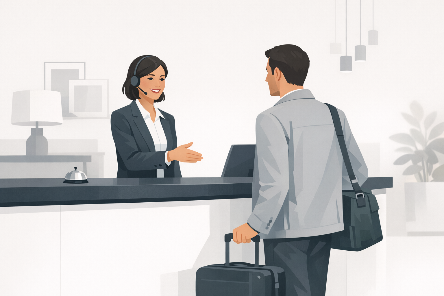 Rezeptionistin an der Hotelrezeption begruest freundlich einen ankommenden Gast