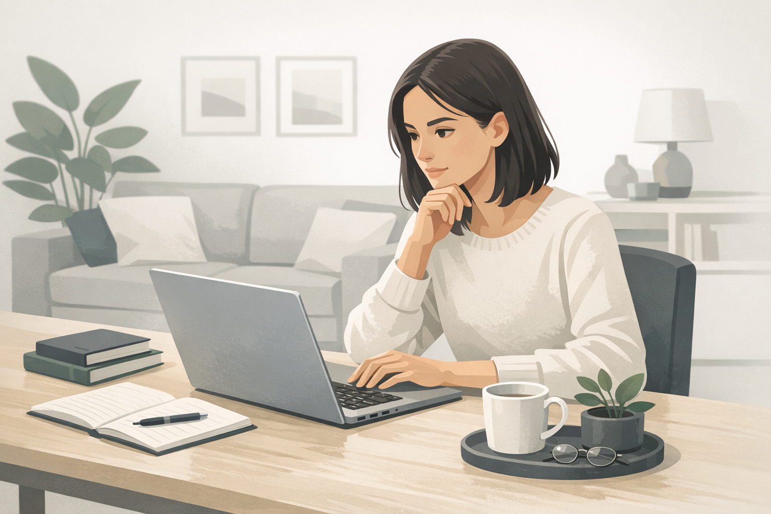 Junge Frau sitzt konzentriert am Laptop und recherchiert, aufgeraeumter Schreibtisch mit Notizen in gemuetlicher Wohnung