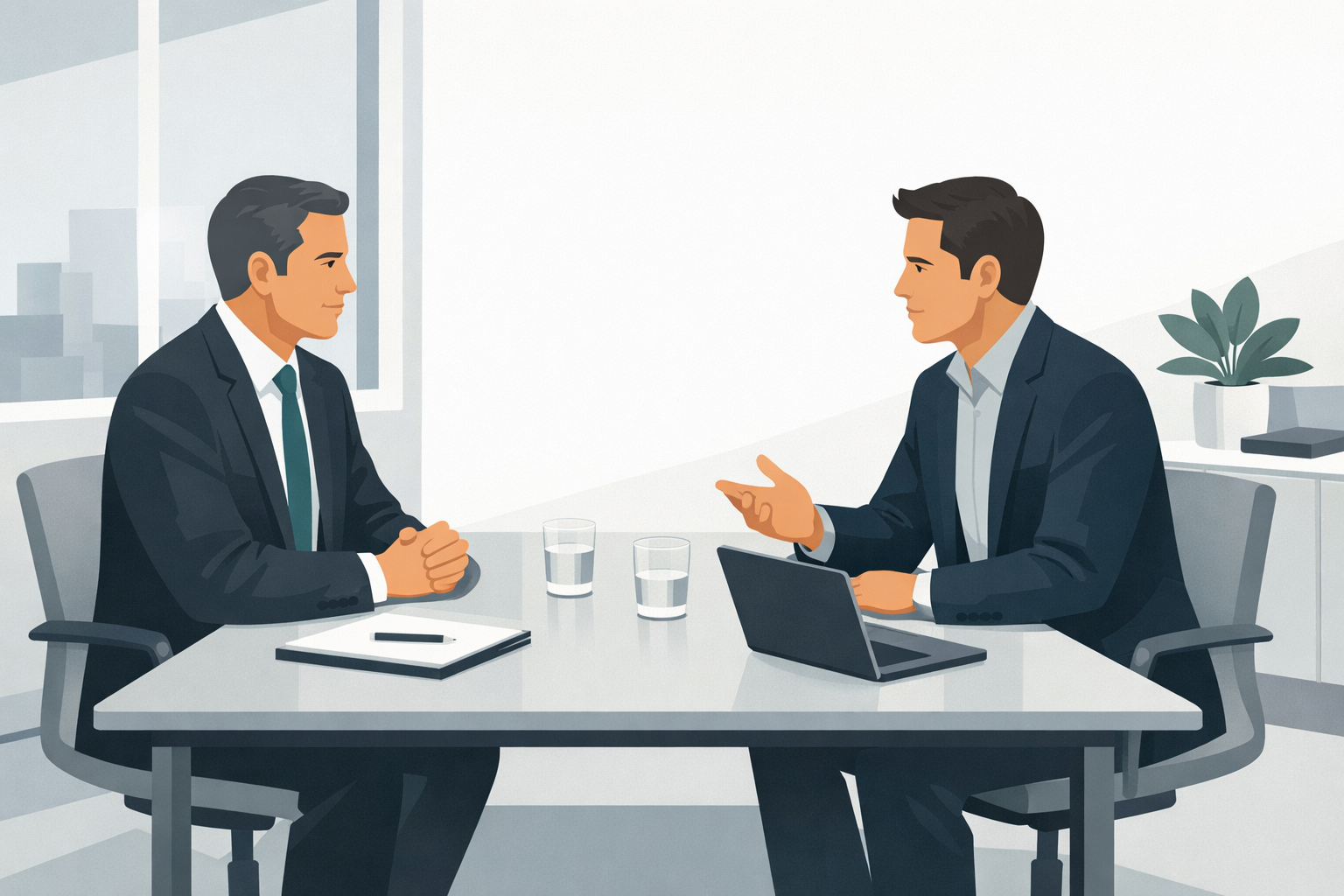 Zwei Geschaeftsleute sitzen sich an einem Tisch gegenueber in einer Verhandlungssituation, professionelles Buero