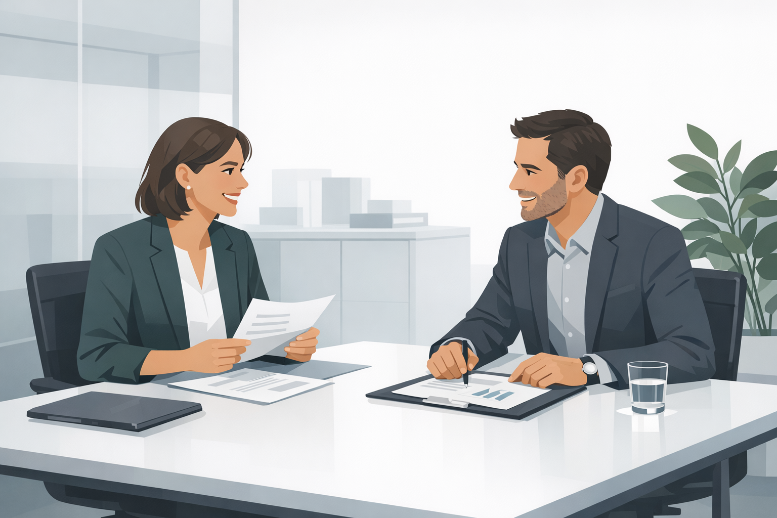 Frau und Mann im Gespraech an einem Konferenztisch, freundliche Verhandlungssituation mit Unterlagen