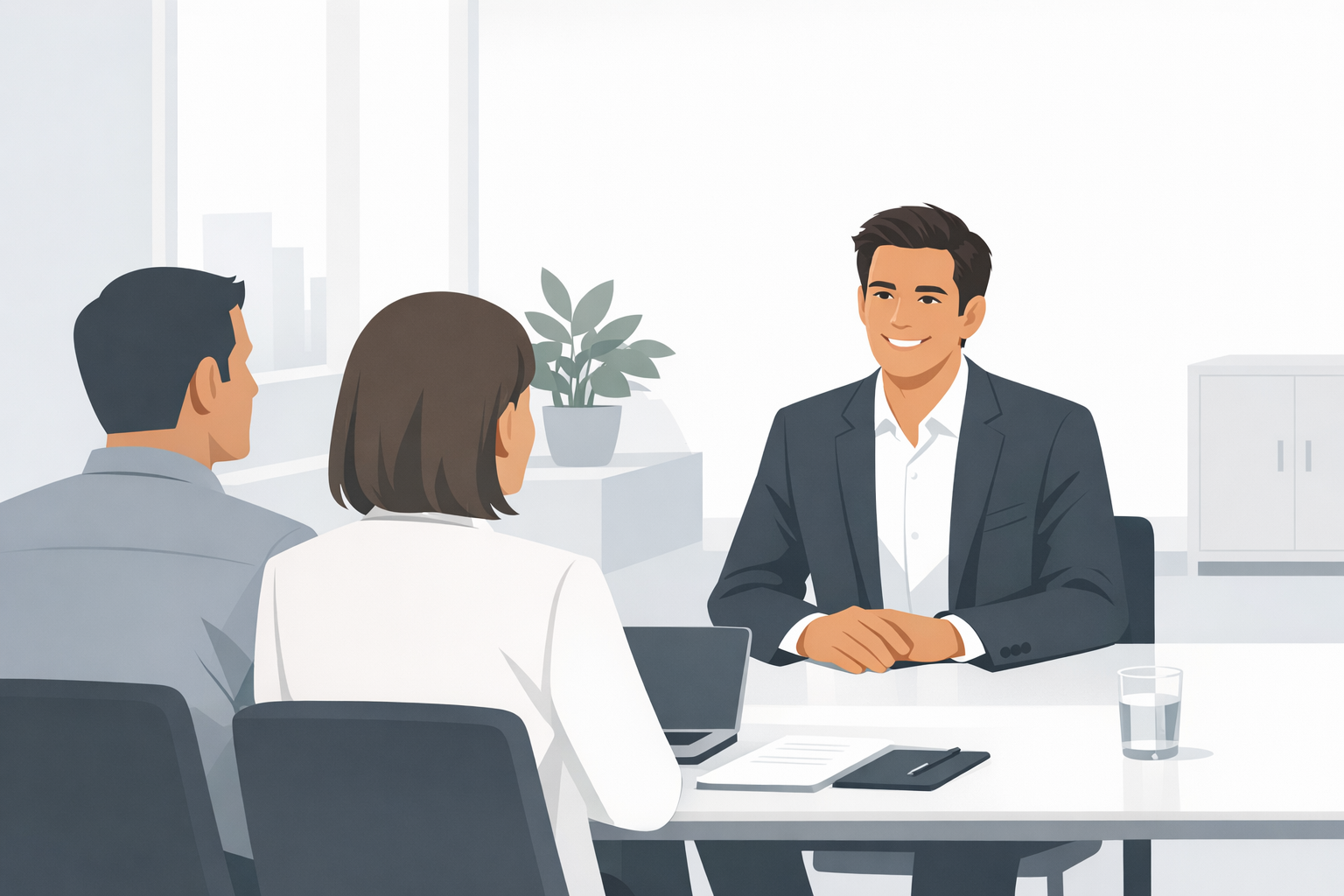 Bewerber laechelt selbstbewusst waehrend eines Vorstellungsgespraechs mit zwei Personalern in hellem Buero