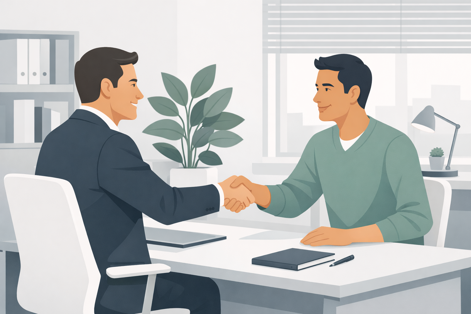 Personaler und Bewerber schuetteln sich nach erfolgreichem Gespraech die Hand, freundliches Buero