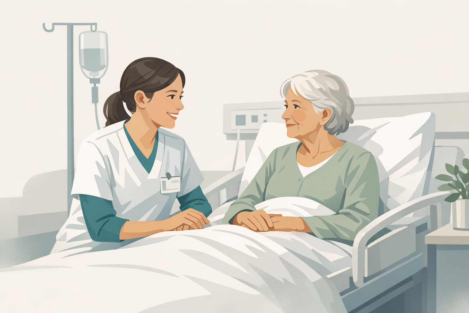 Pflegefachkraft im Gespraech mit aelterer Patientin am Krankenhausbett, warmherzige Atmosphaere