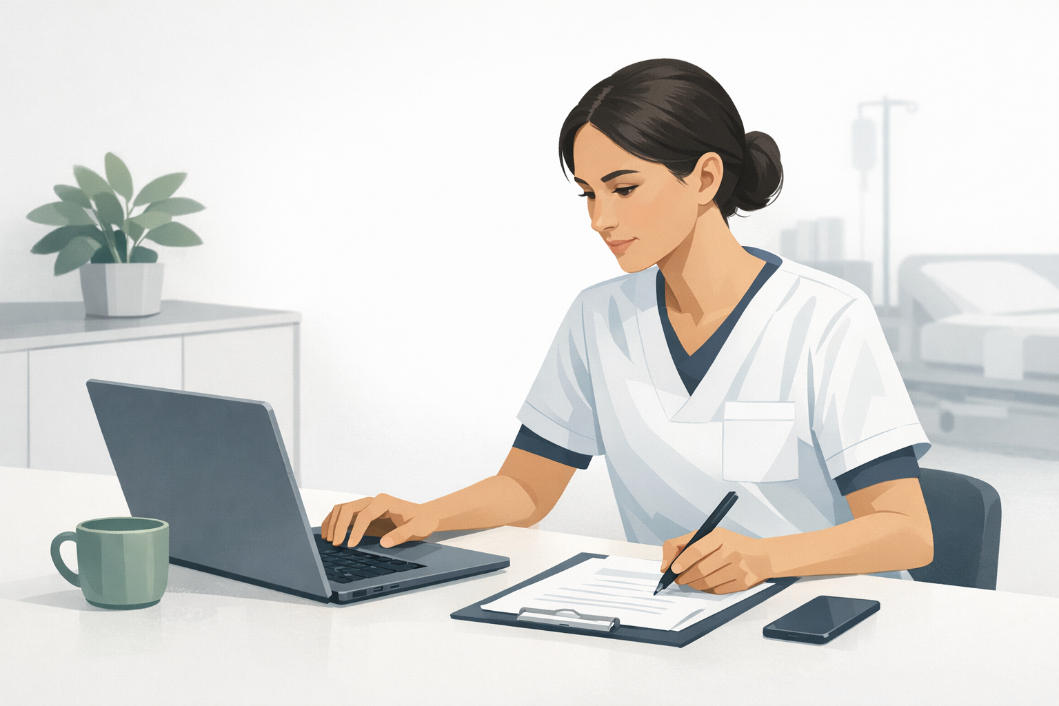 Bewerberin im Pflegekittel sitzt konzentriert am Laptop und schreibt ihre Bewerbung