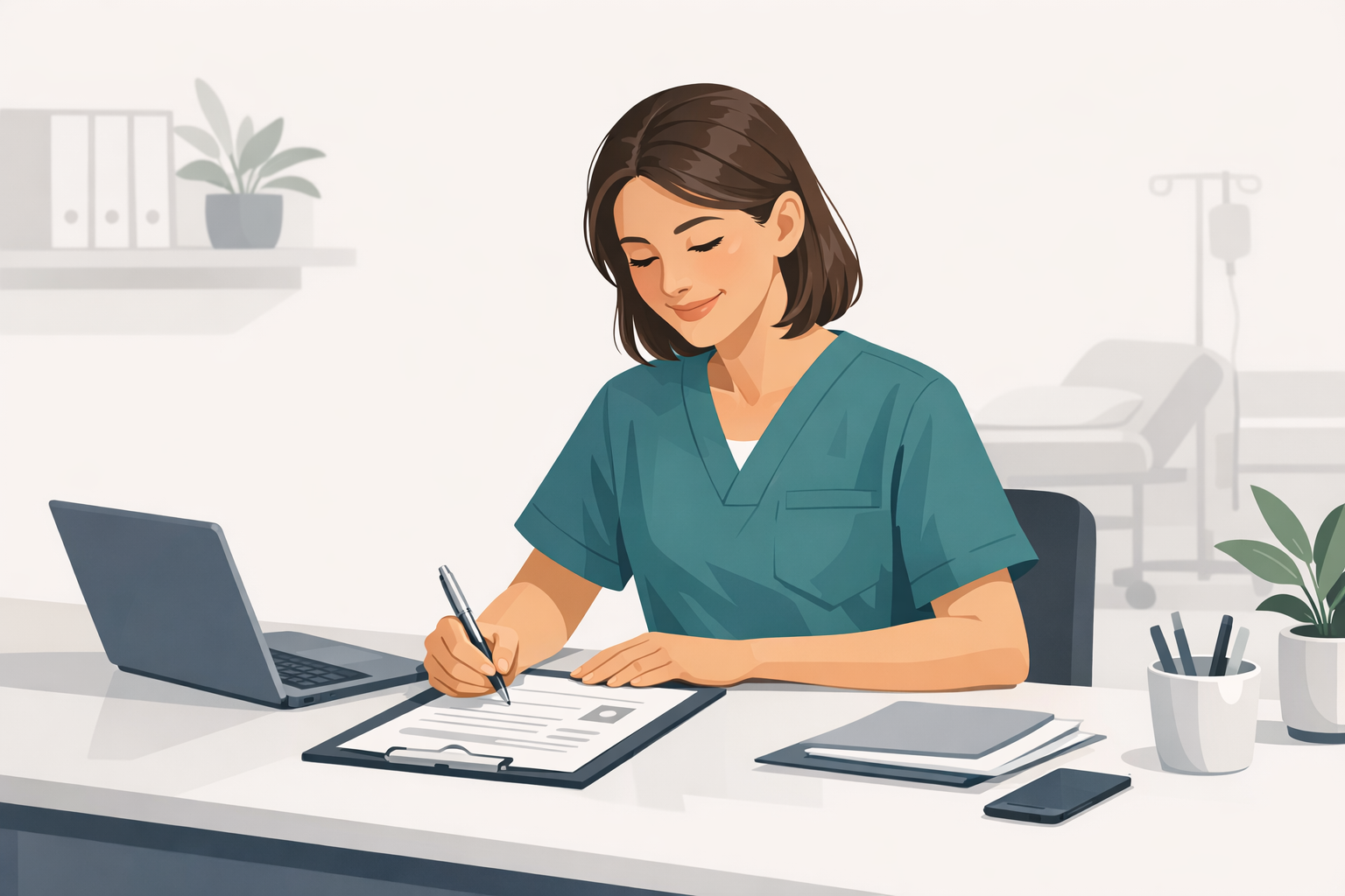 Junge Frau in Pflegeuniform laechelt zufrieden, waehrend sie am Schreibtisch eine Bewerbung fertigstellt