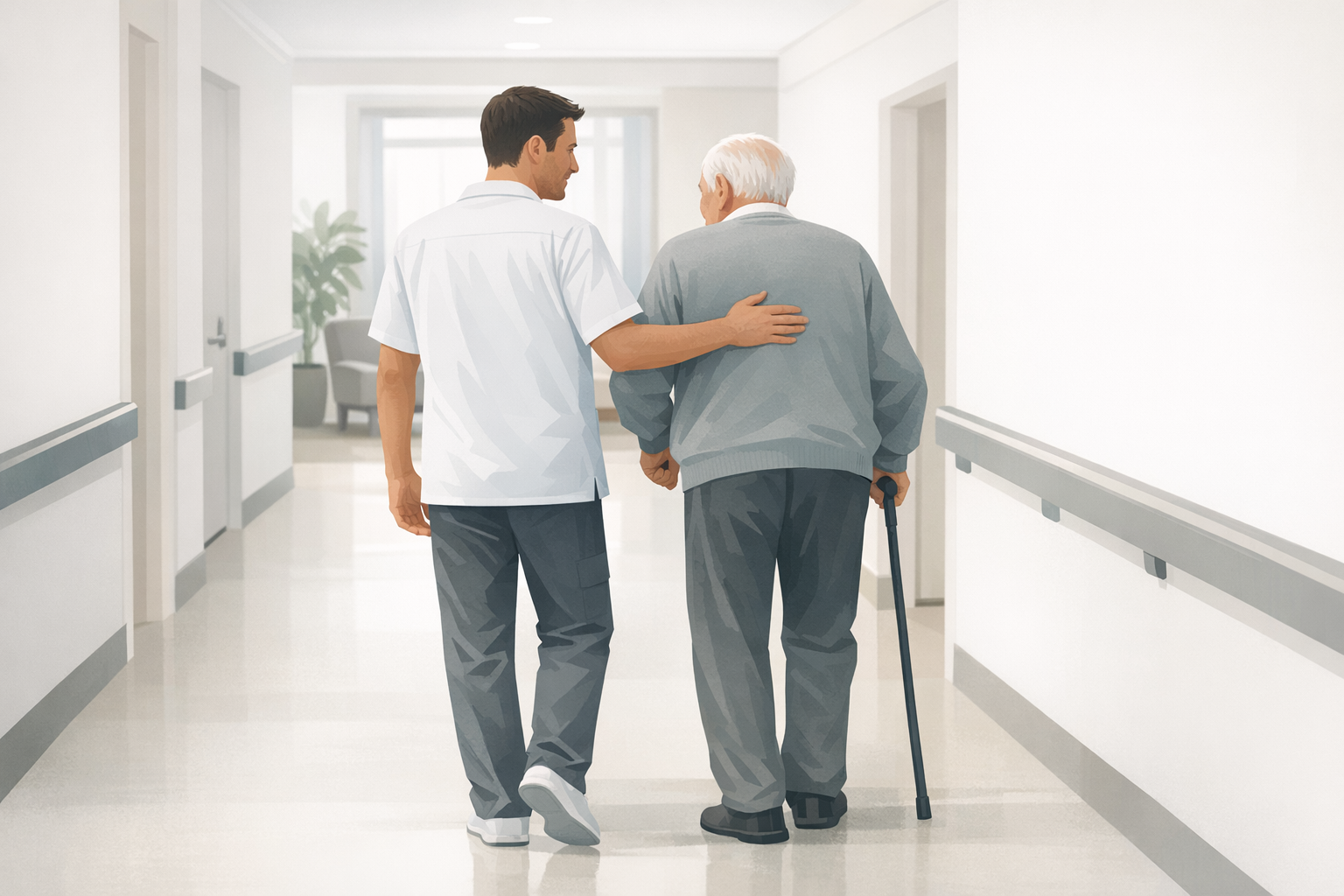 Pflegefachmann begleitet aelteren Herrn fuehrsorglich durch einen hellen Flur in einer Seniorenresidenz
