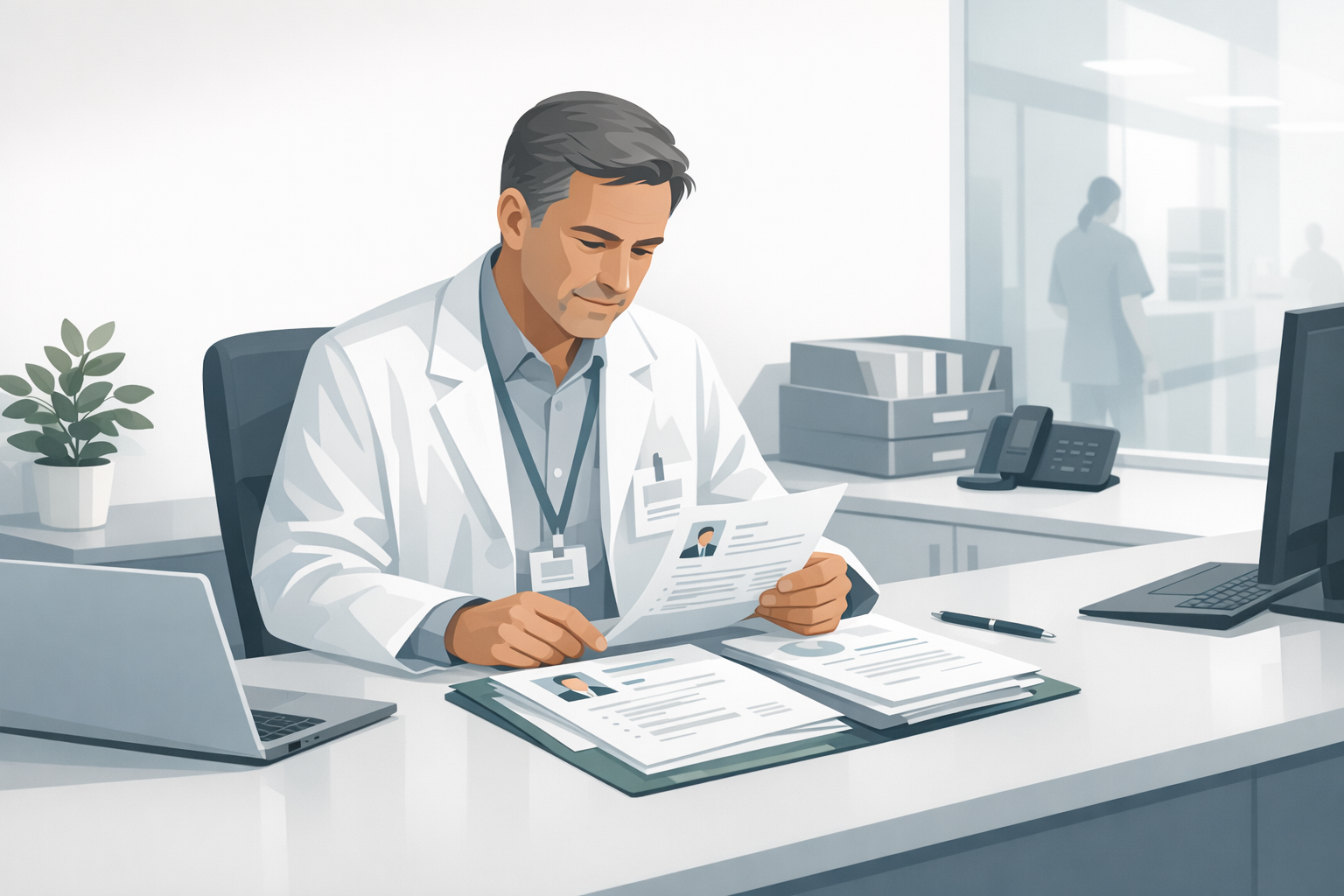 Personaler in einem Klinikbuero sichtet aufmerksam Bewerbungsunterlagen auf dem Schreibtisch