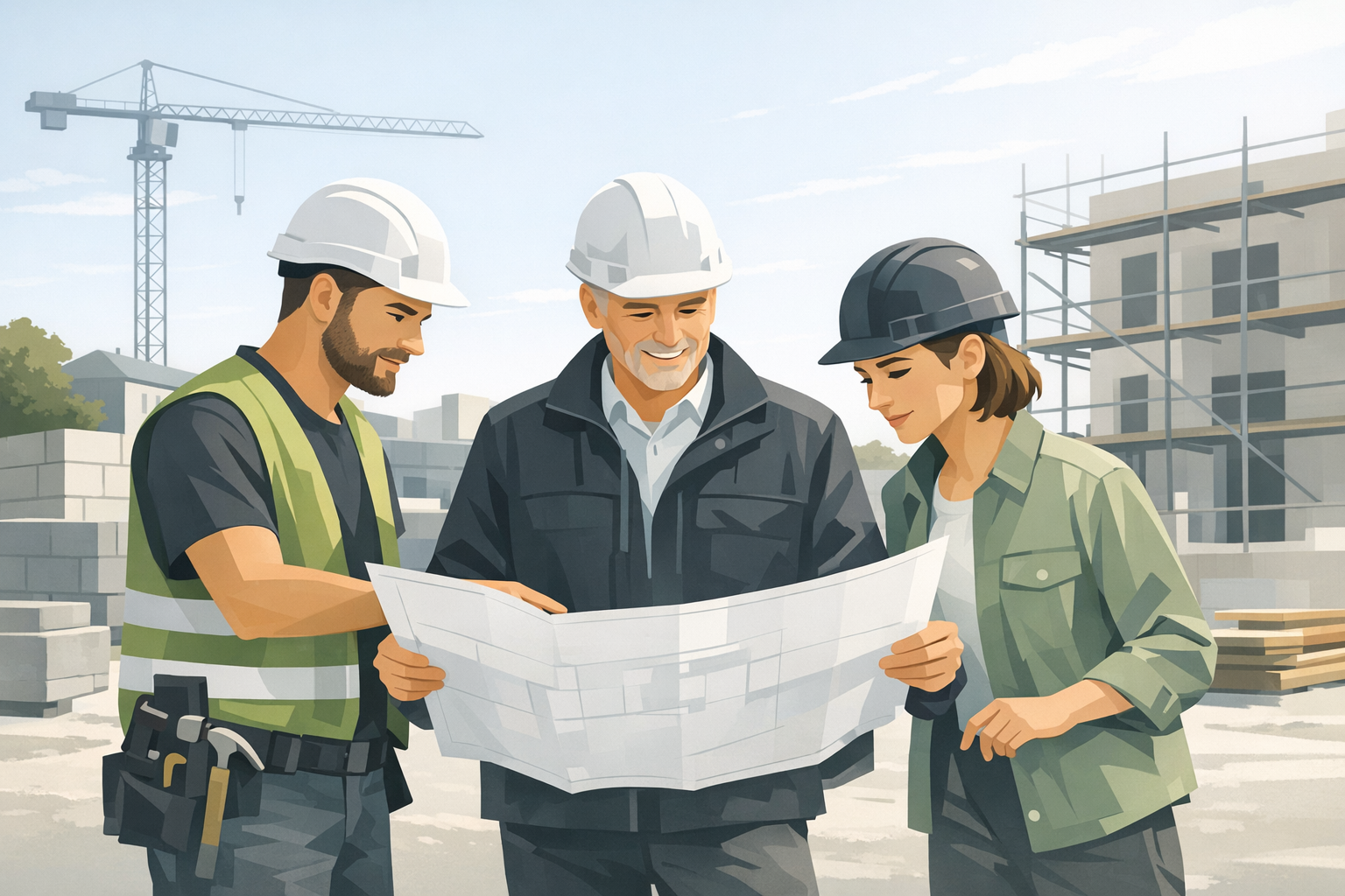 Handwerker-Team auf einer Baustelle bespricht gemeinsam einen Bauplan, sonniger Tag