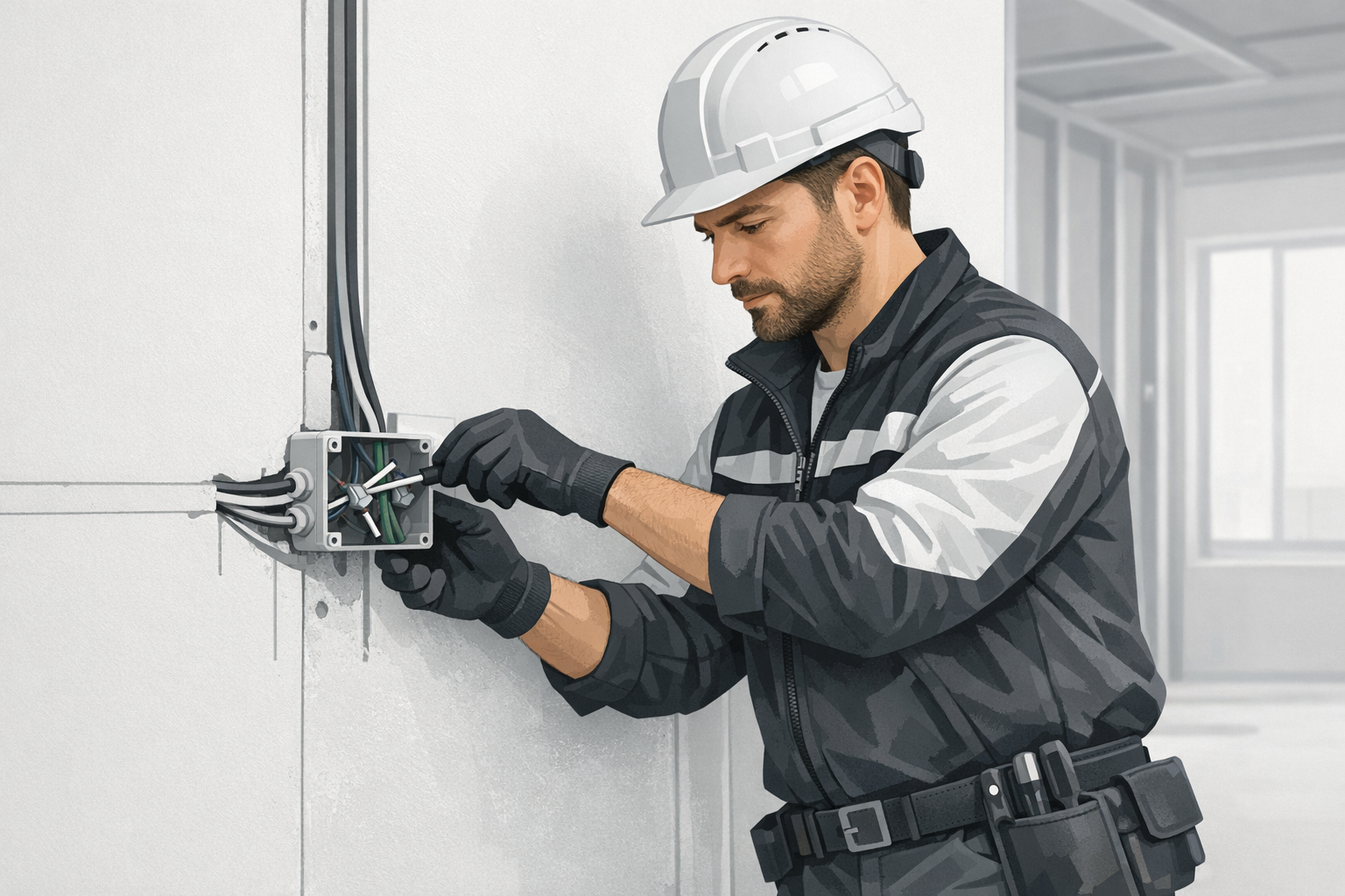 Elektriker installiert konzentriert eine Verteilerdose in einem Neubau, professionelle Arbeitskleidung