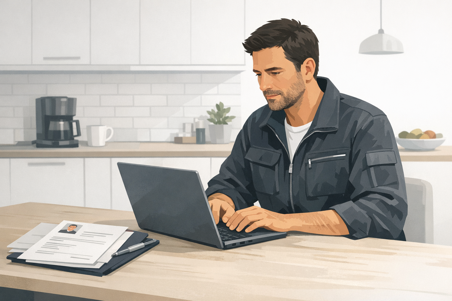 Mann in Arbeitskleidung sitzt am Kuechentisch und arbeitet konzentriert am Laptop, Bewerbungsunterlagen daneben