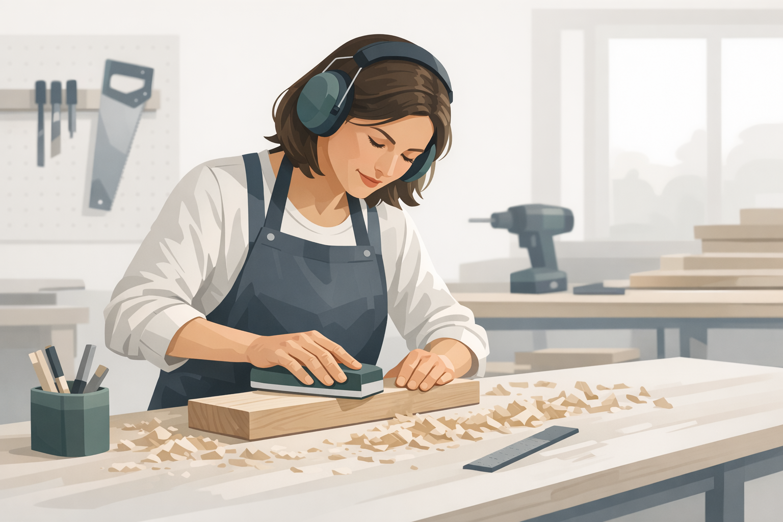 Tischlerin schleift sorgfaeltig ein Holzstueck in einer hellen Werkstatt, Spaene auf der Werkbank