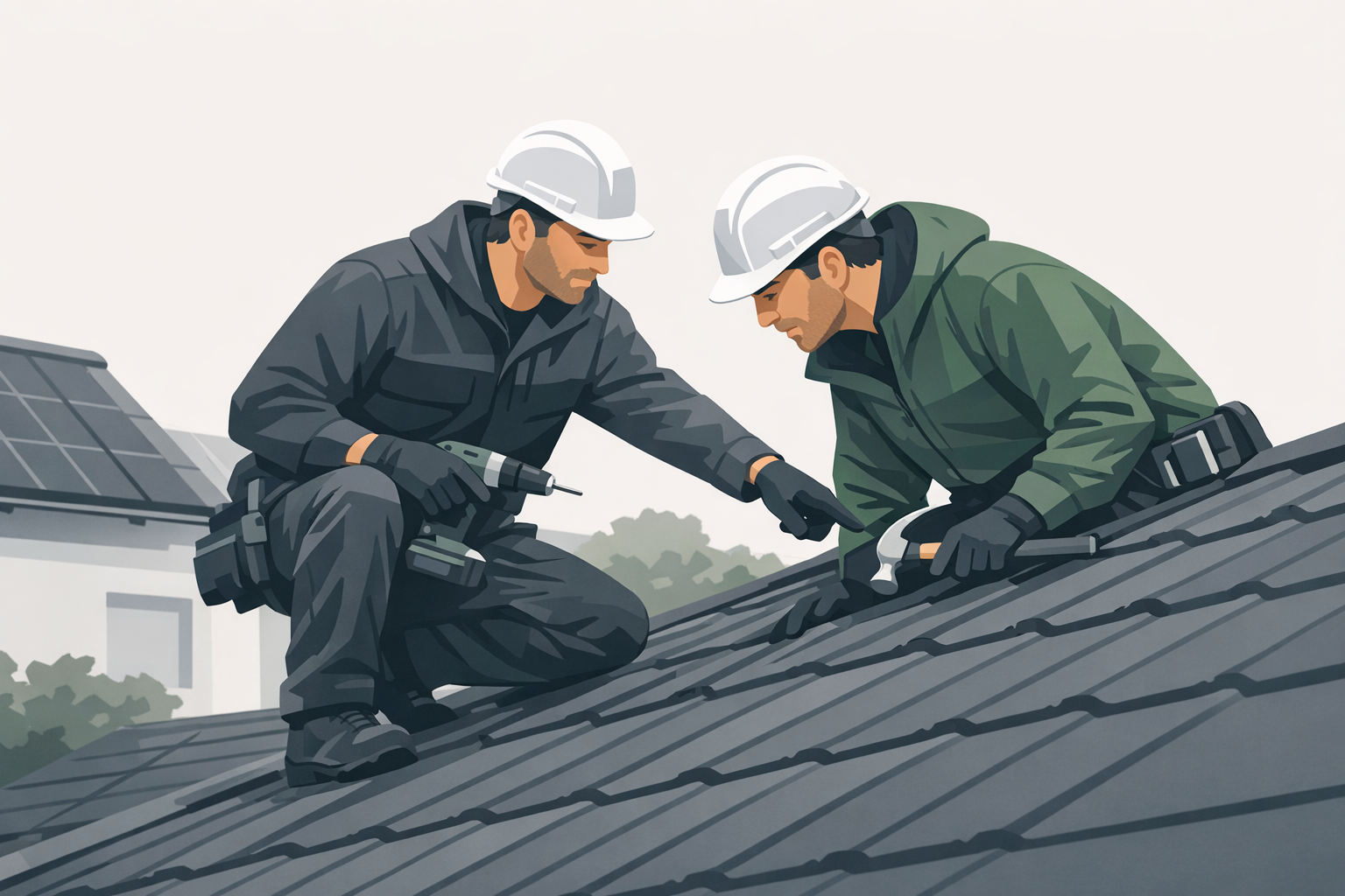 Zwei Handwerker in Schutzkleidung begutachten gemeinsam ein Dach, Werkzeug in der Hand