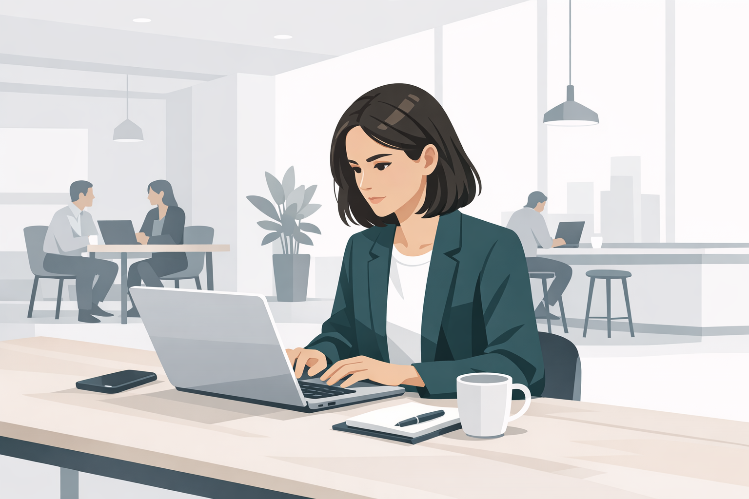 Junge Frau recherchiert konzentriert am Laptop in einem modernen Coworking-Space nach Unternehmen