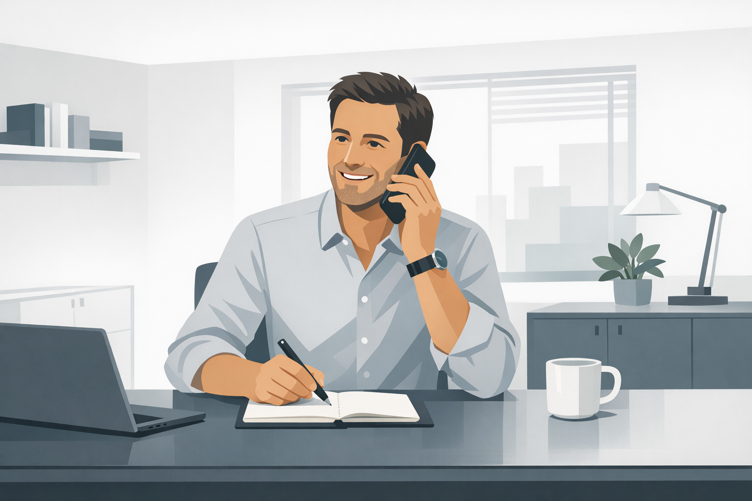 Mann telefoniert freundlich in einem modernen Buero, Notizblock vor sich auf dem Tisch