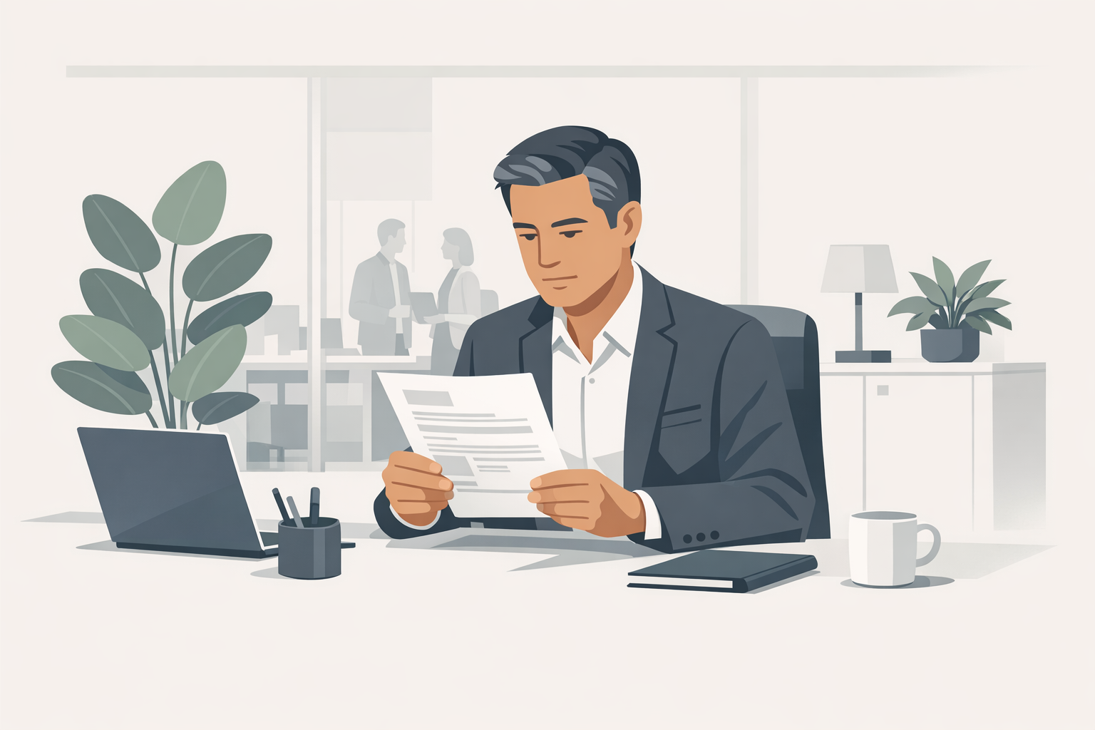 Personaler liest aufmerksam eine Bewerbung am Schreibtisch, im Hintergrund ein Buero mit Pflanzen