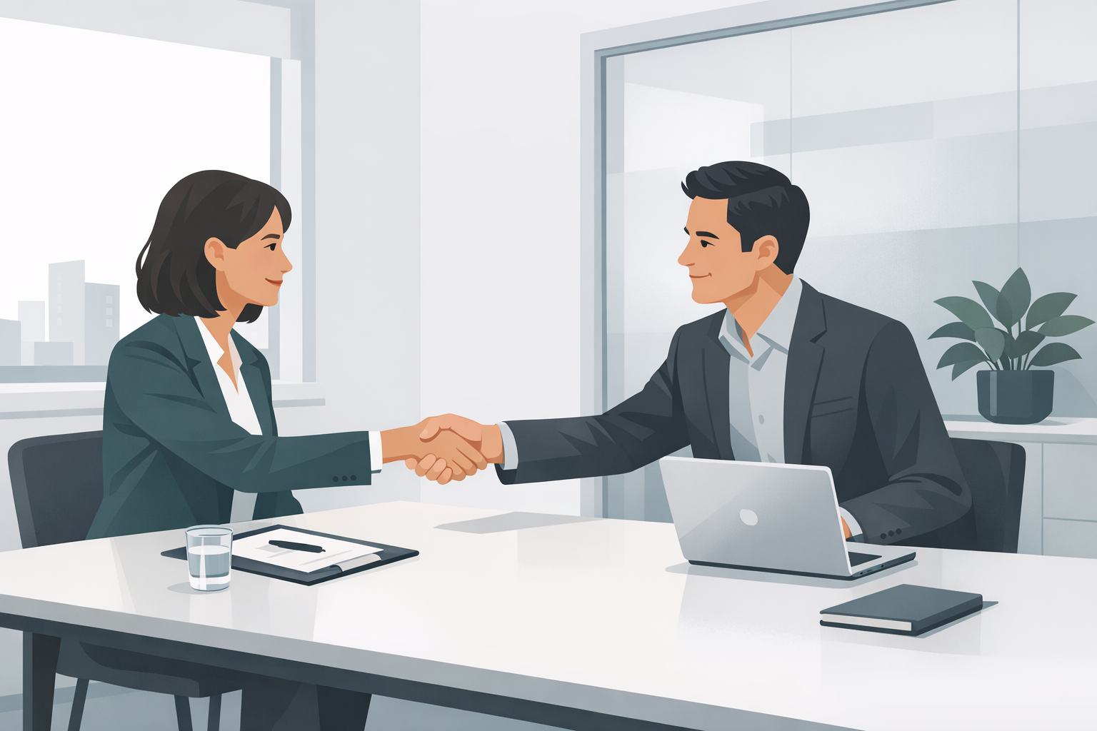 Zwei Personen im Bewerbungsgespraech schuetteln sich die Hand in einem modernen Besprechungsraum