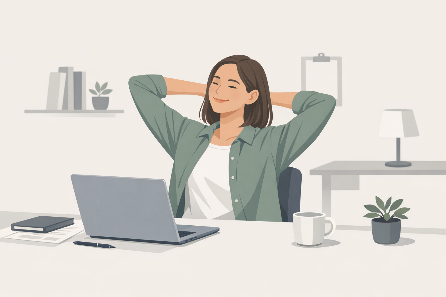 Junge Frau laechelt zufrieden am Schreibtisch, nachdem sie eine Bewerbung am Laptop fertiggestellt hat