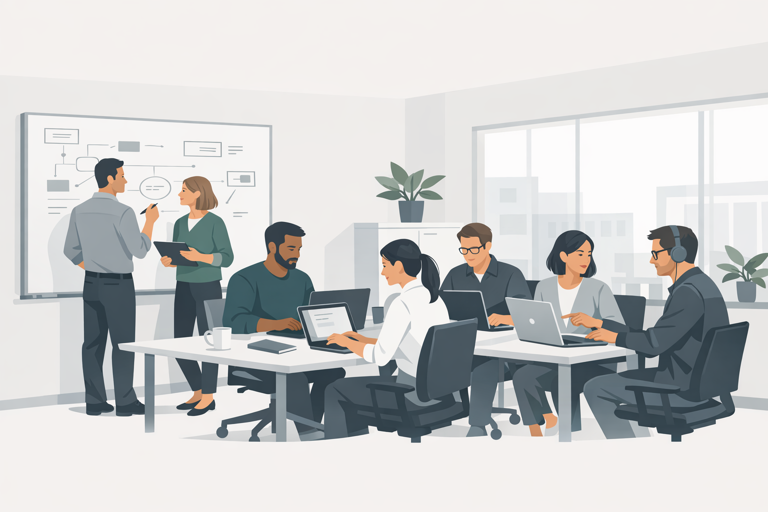 IT-Team arbeitet gemeinsam an Whiteboards und Laptops in einem offenen hellen Buerobereich mit Tageslicht