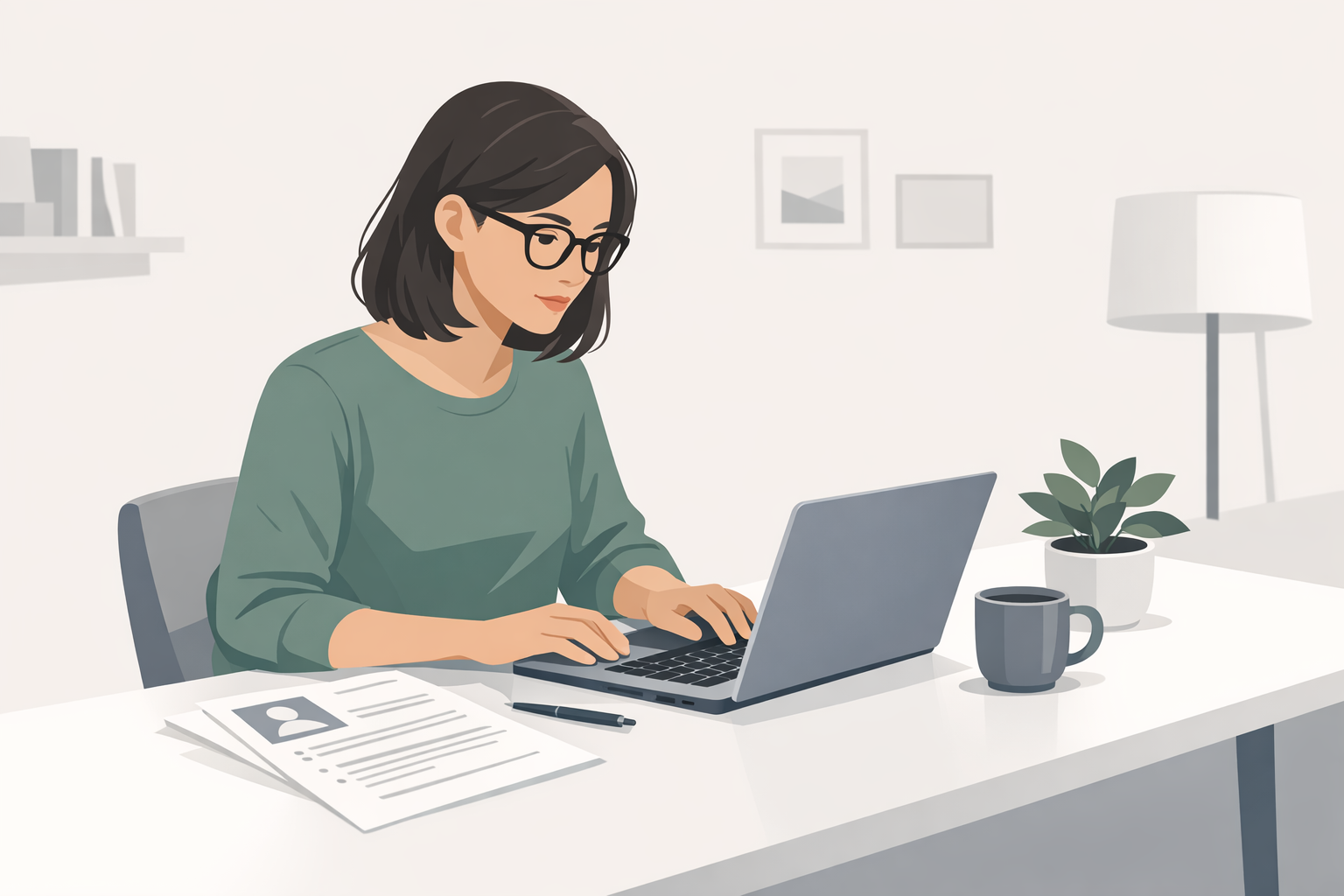 Junge Frau mit Brille sitzt konzentriert vor ihrem Laptop und arbeitet an ihrem Lebenslauf