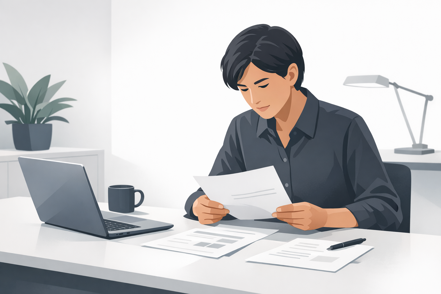 Person prueft konzentriert Dokumente auf dem Schreibtisch neben einem aufgeklappten Laptop