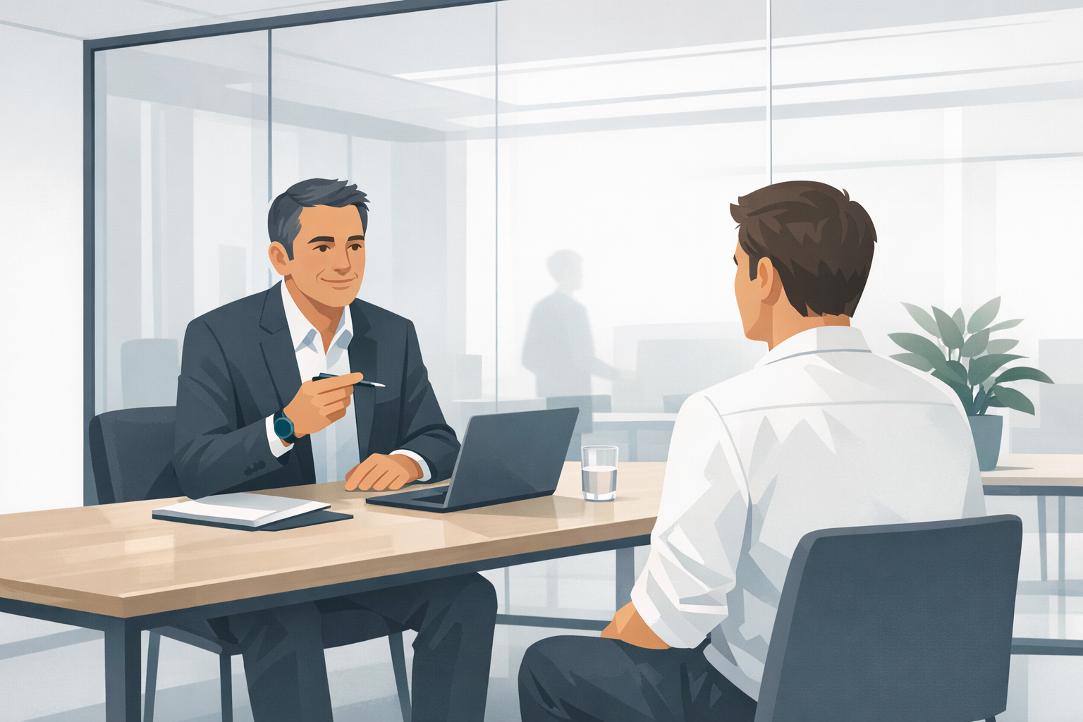 Personaler fuehrt ein Bewerbungsgespraech in einem hellen freundlichen Meetingraum mit Glastrennwand